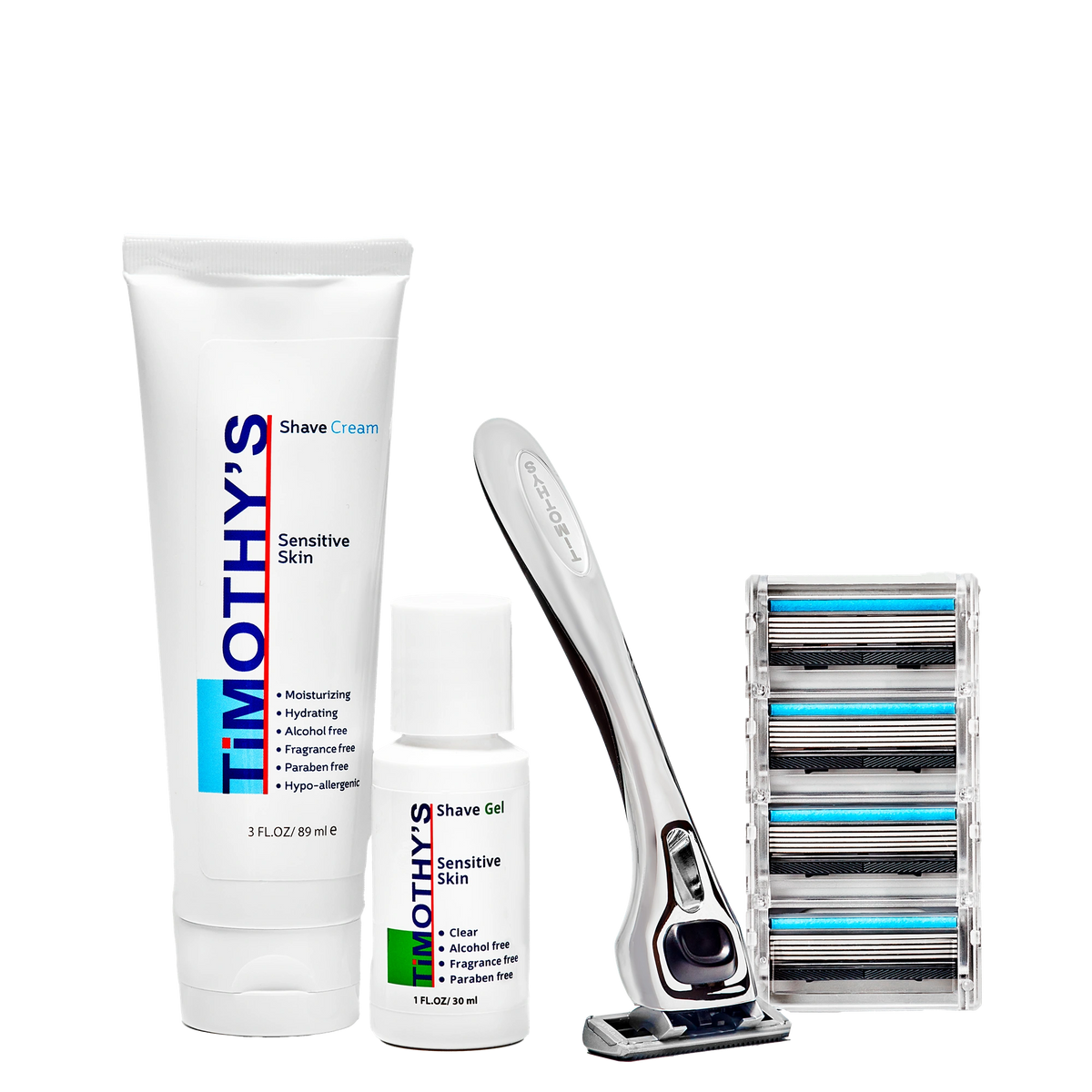 Timothy's Shaving kit with a 3 oz. shave cream, 5 blade razor system and a one ounce bottle of shave gel